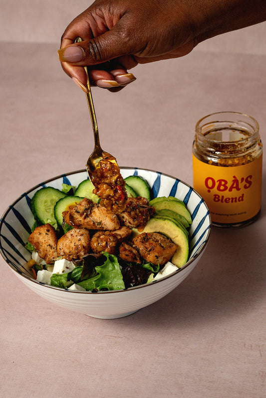 The Lekki Bowl — ỌBÀ’S BLEND spiced chicken with avocado, feta and cucumber